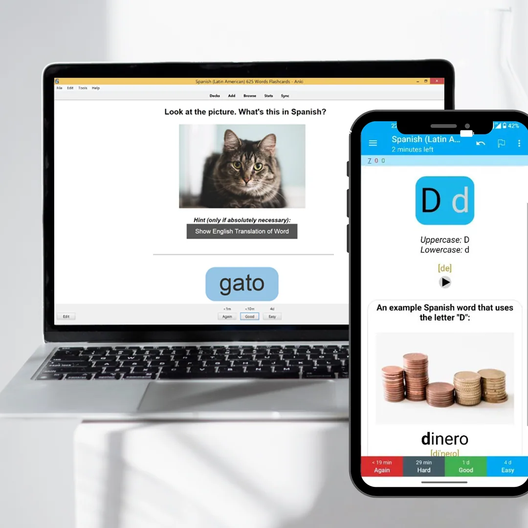Speakada flashcard decks on laptop and phone
