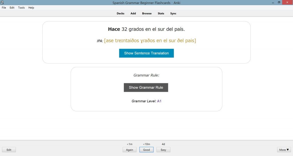 Spanish Beginner Grammar (A0–A2) example flashcard