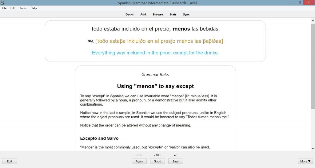 Back of Sentence Flashcard — translation and grammar rule revealed