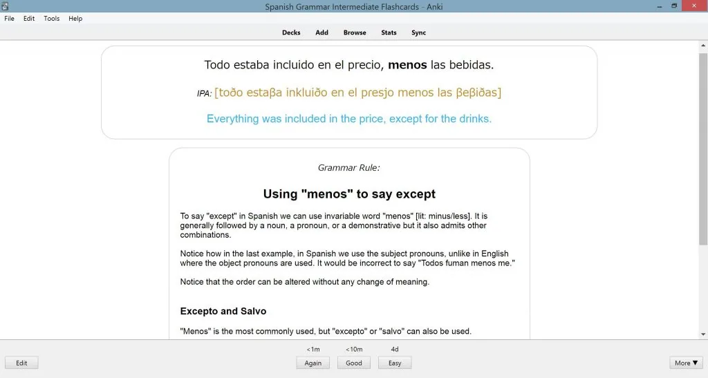 Back of Sentence Flashcard — translation and grammar rule revealed