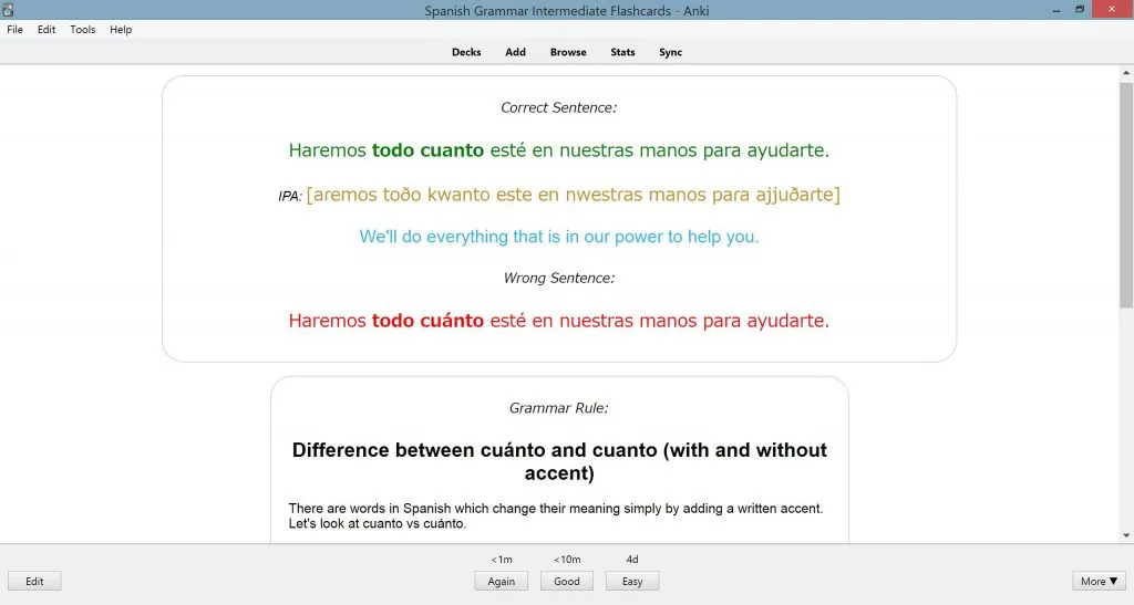 Back of Minimal Pair Sentences Flashcard — translation and grammar hints shown