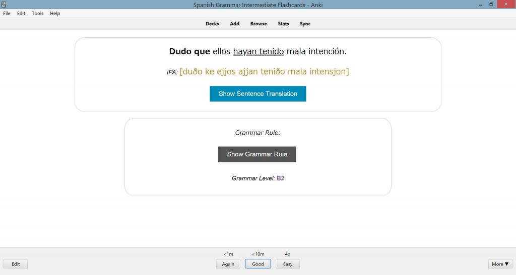 Spanish Grammar Intermediate — sentence flashcard example