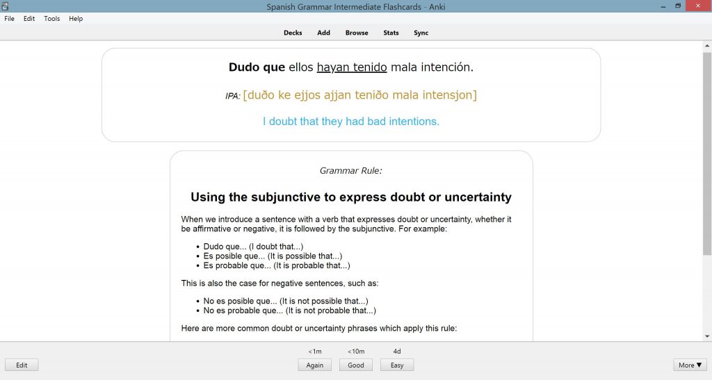 Spanish Grammar Intermediate — minimal pair sentences flashcard