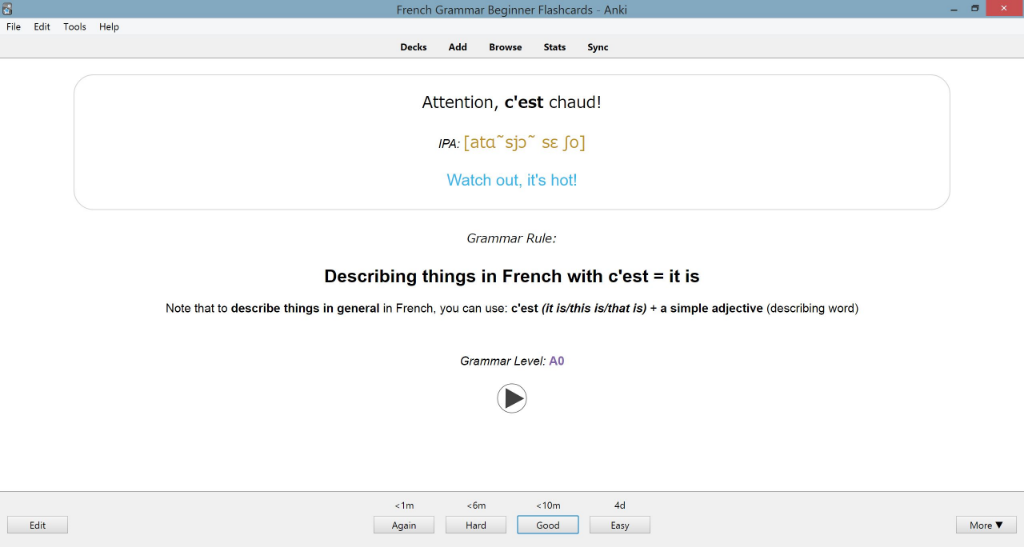 Back of Sentence Flashcard — translation and grammar rule revealed