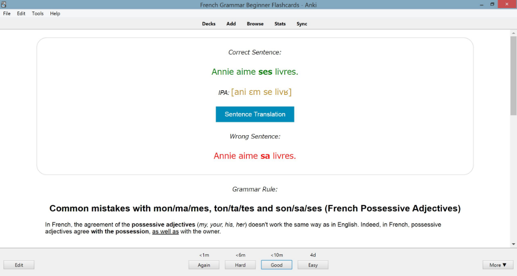 Back of Minimal Pair Sentences Flashcard — translation and grammar hints shown