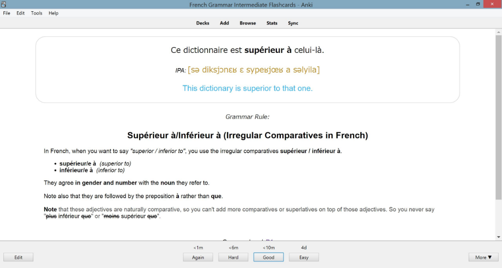 Back of Sentence Flashcard — translation and grammar rule revealed