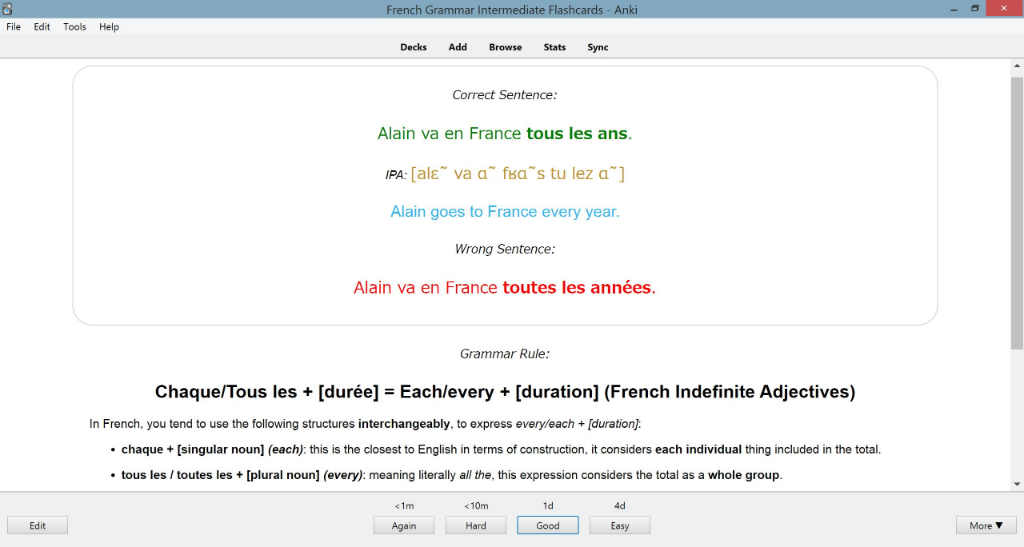 Back of Minimal Pair Sentences Flashcard — translation and grammar hints shown