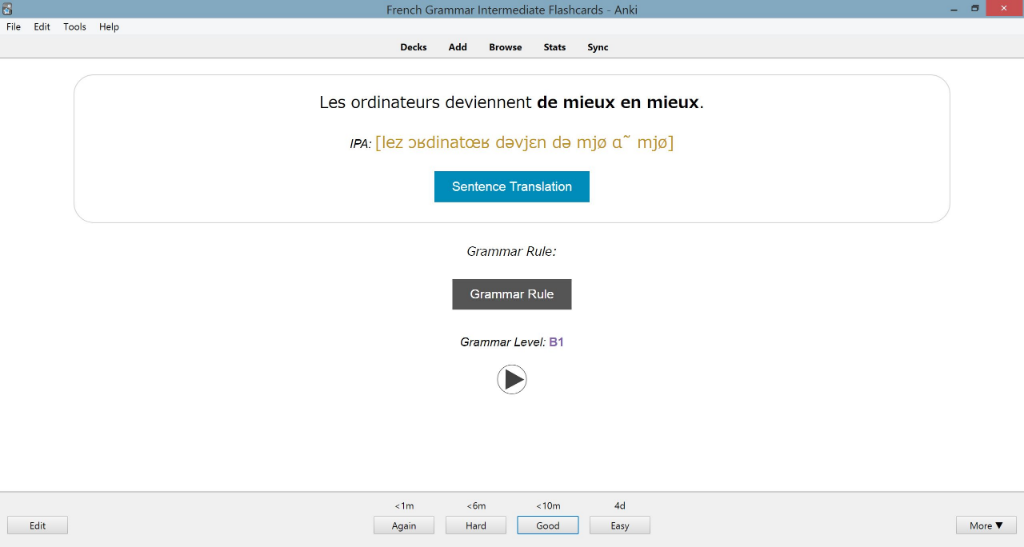 French Grammar Intermediate — sentence flashcard example