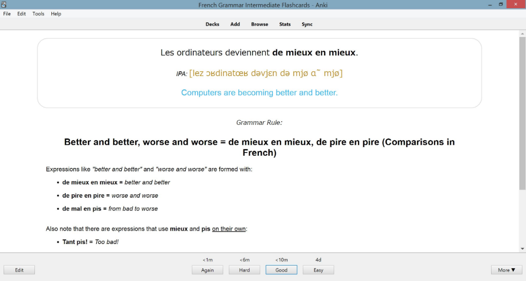 French Grammar Intermediate — minimal pair sentences flashcard