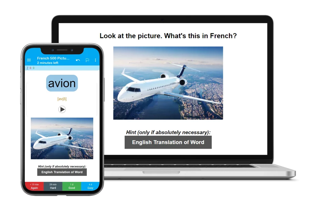French vocabulary flashcards on laptop