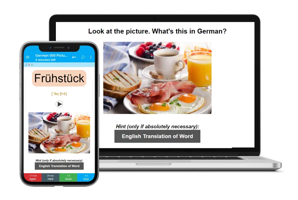 German vocabulary flashcards on laptop