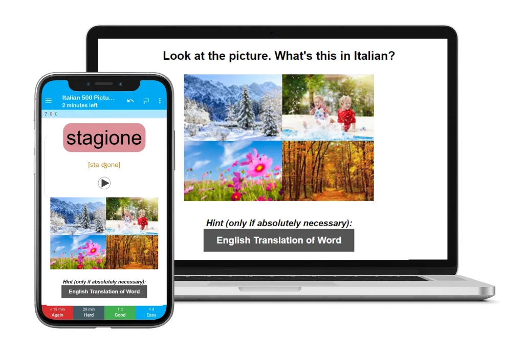 Italian vocabulary flashcards on laptop