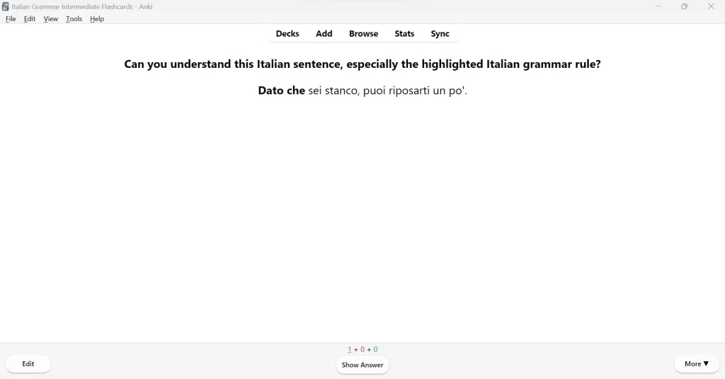 Italian Grammar Intermediate & Advanced (B1, B2 & C1) example flashcard