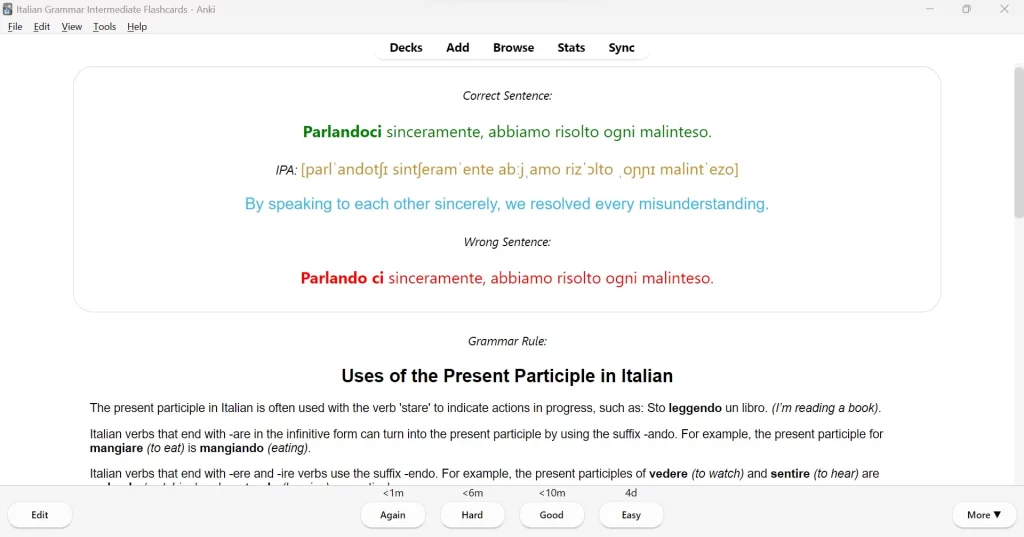 Back of Minimal Pair Sentences Flashcard — translation and grammar hints shown