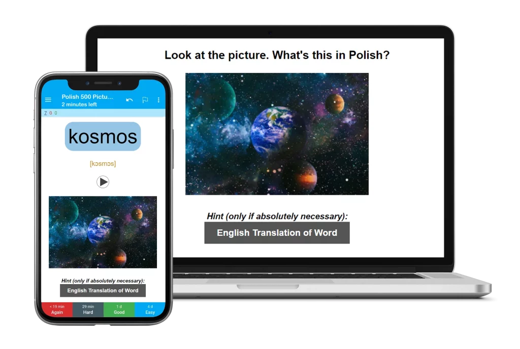 Polish vocabulary flashcards on laptop