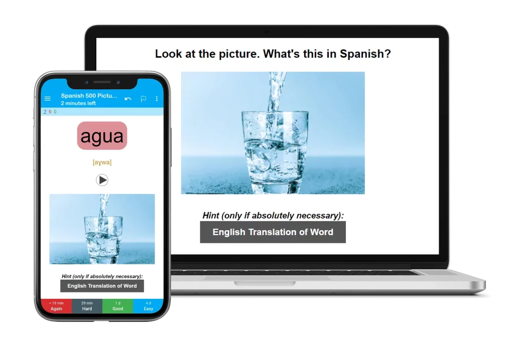 Spanish vocabulary flashcards on laptop