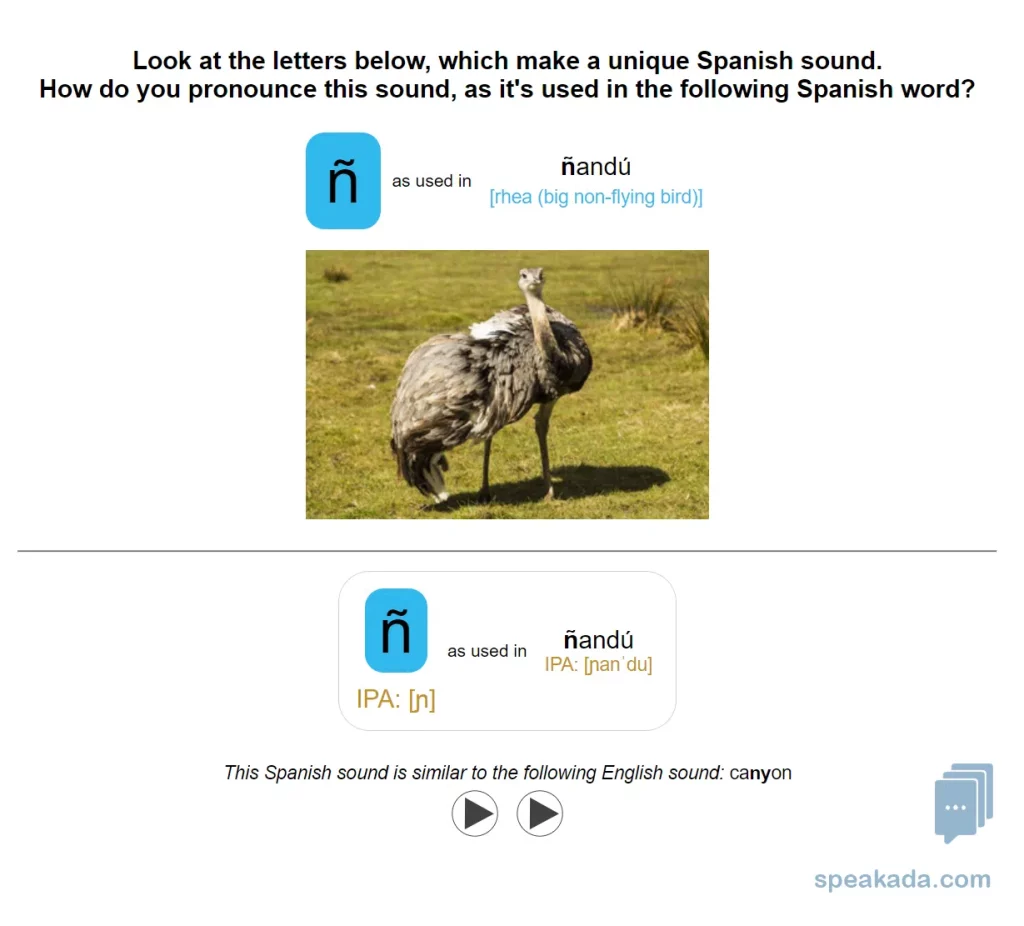 Speakada Spanish IPA pronunciation flashcard example showing IPA symbol and audio