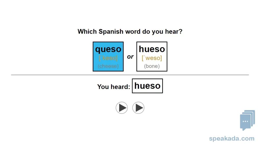 Speakada minimal pairs flashcard example showing two similar sounds