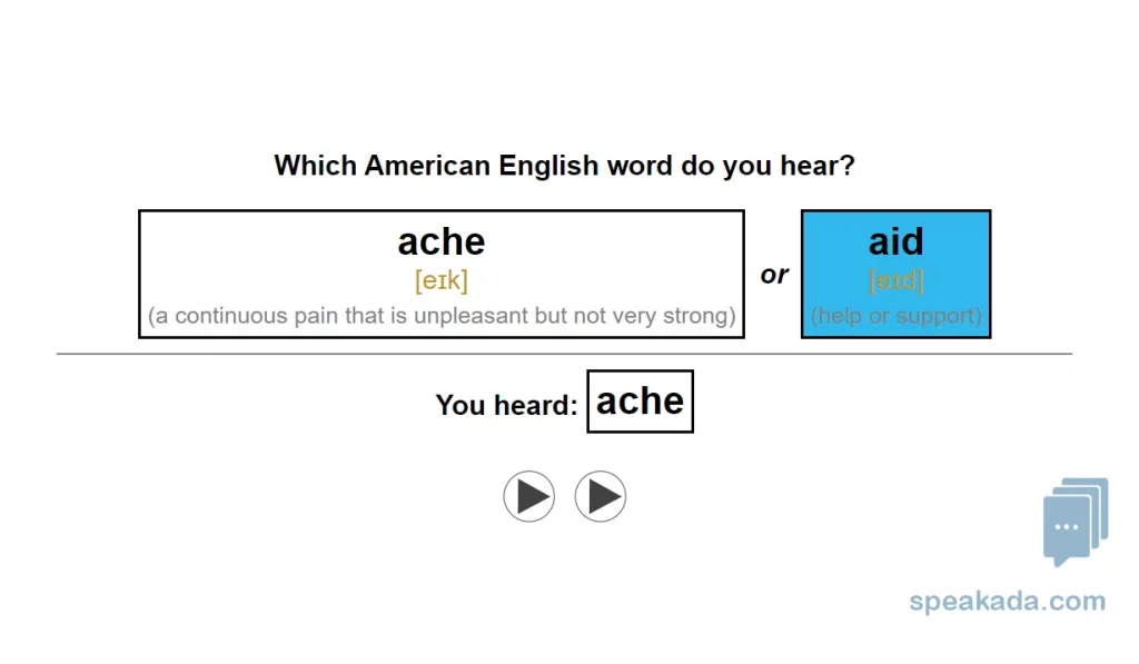 Answer view — the full minimal pair with IPA and high-quality audio for each word
