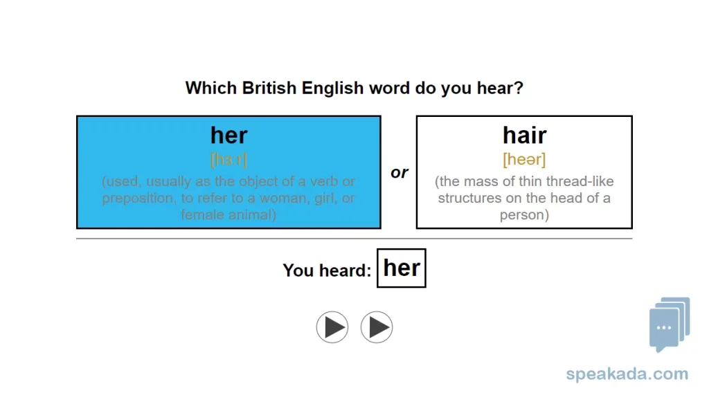 High-quality audio for both words — replay to hone in on the exact sound difference