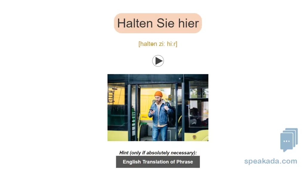 Card showing a travel phrase with high-quality audio