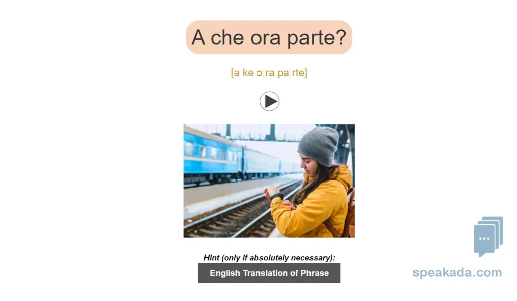 Card showing a travel phrase with high-quality audio