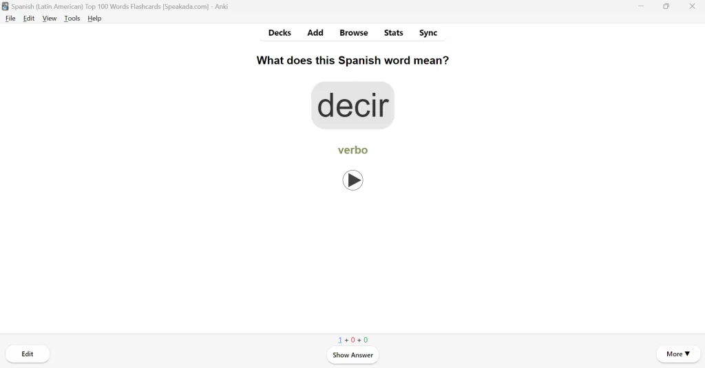 Spanish Top 100 Words Anki flashcard — front and back example