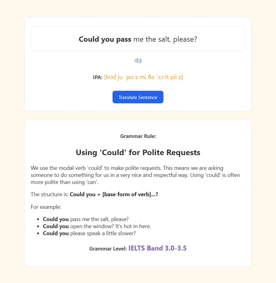 Back of card: pop-up grammar explanation with sentence IPA and translation hints