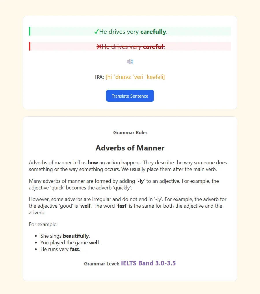 Back of Multiple Choice card: correct sentence and grammar rule revealed