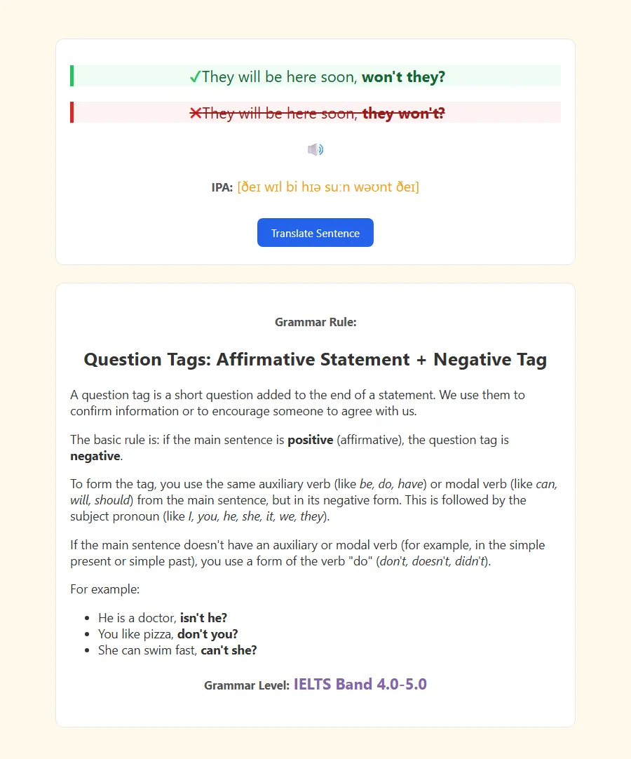 Back of card: pop-up grammar explanation with sentence IPA and translation hints