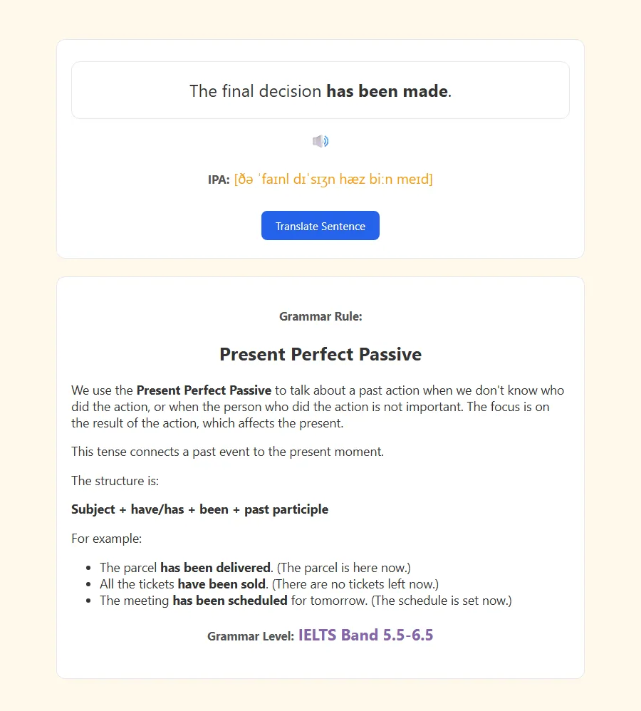 Back of Multiple Choice card: correct sentence and grammar rule revealed