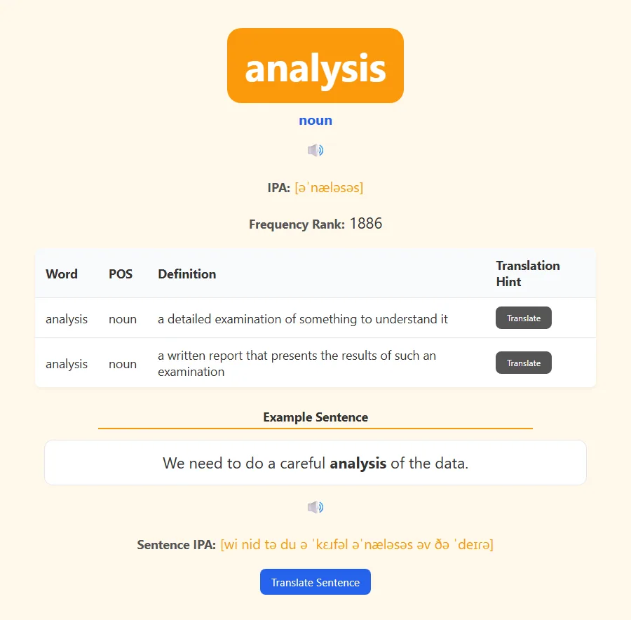 Back of card — IPA, part of speech, English definition, and example sentence