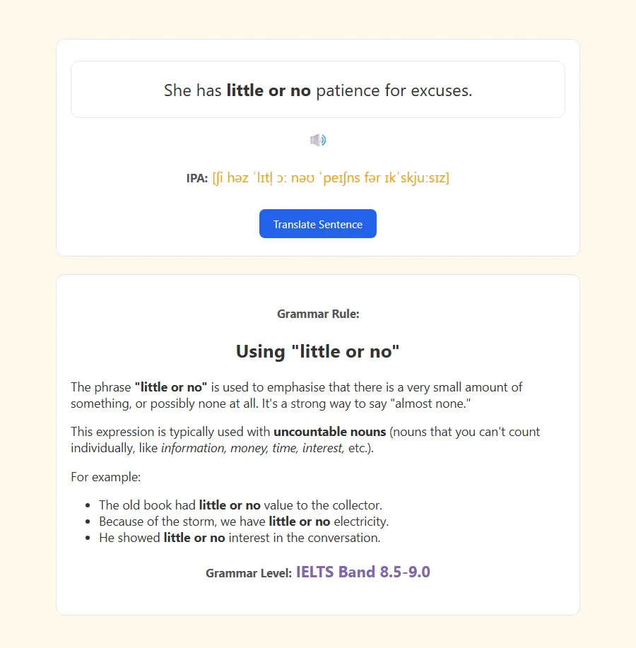 Back of card: pop-up grammar explanation with sentence IPA and translation hints