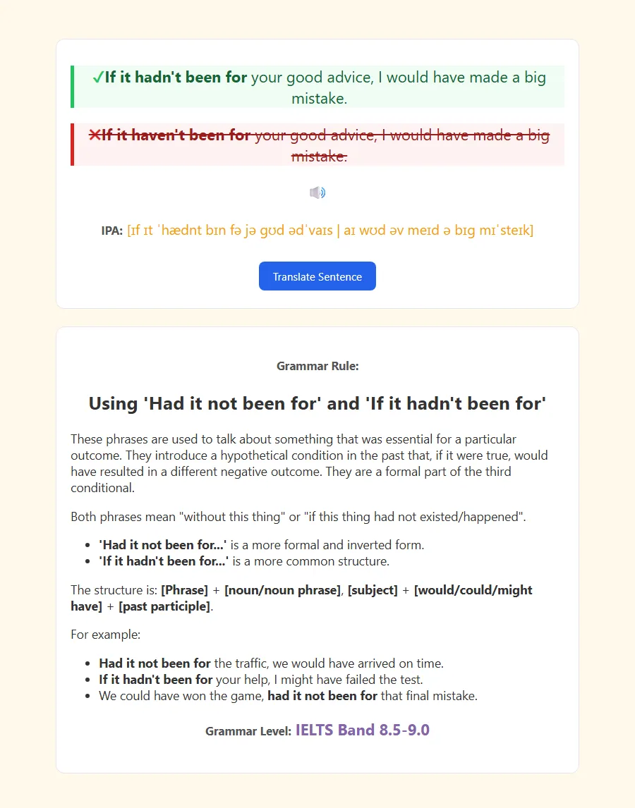 Back of Multiple Choice card: correct sentence and grammar rule revealed
