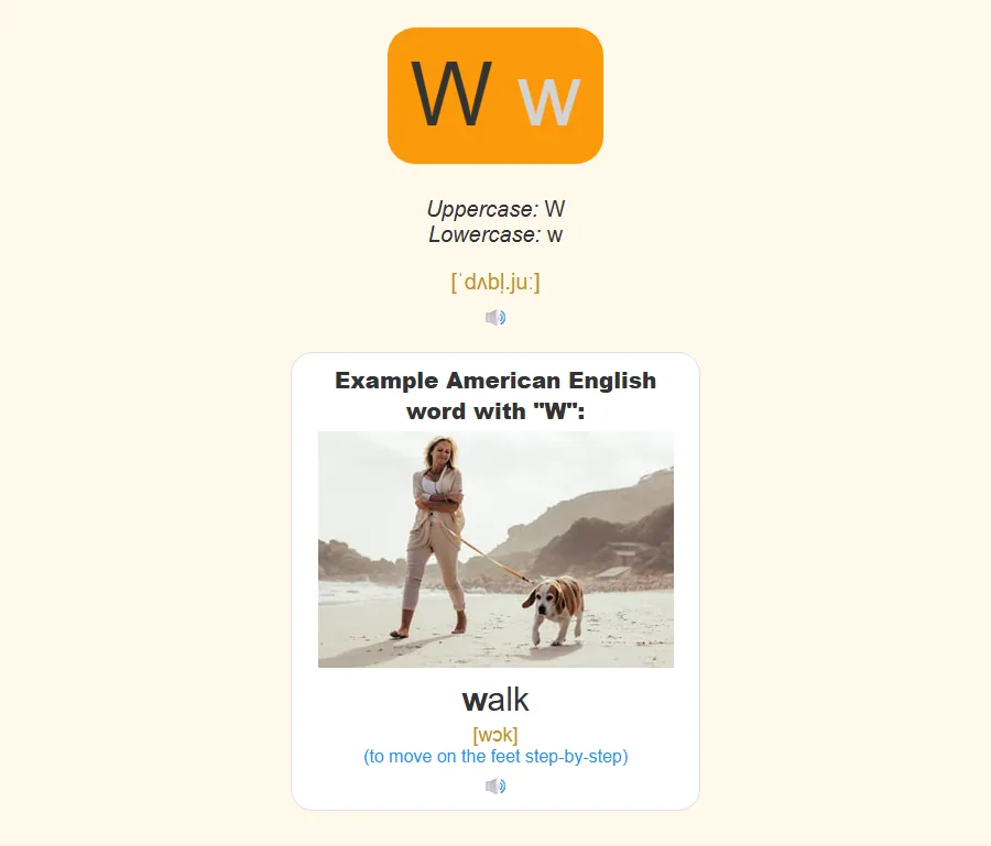 Back of flashcard — letter name, IPA transcription, and example word with audio